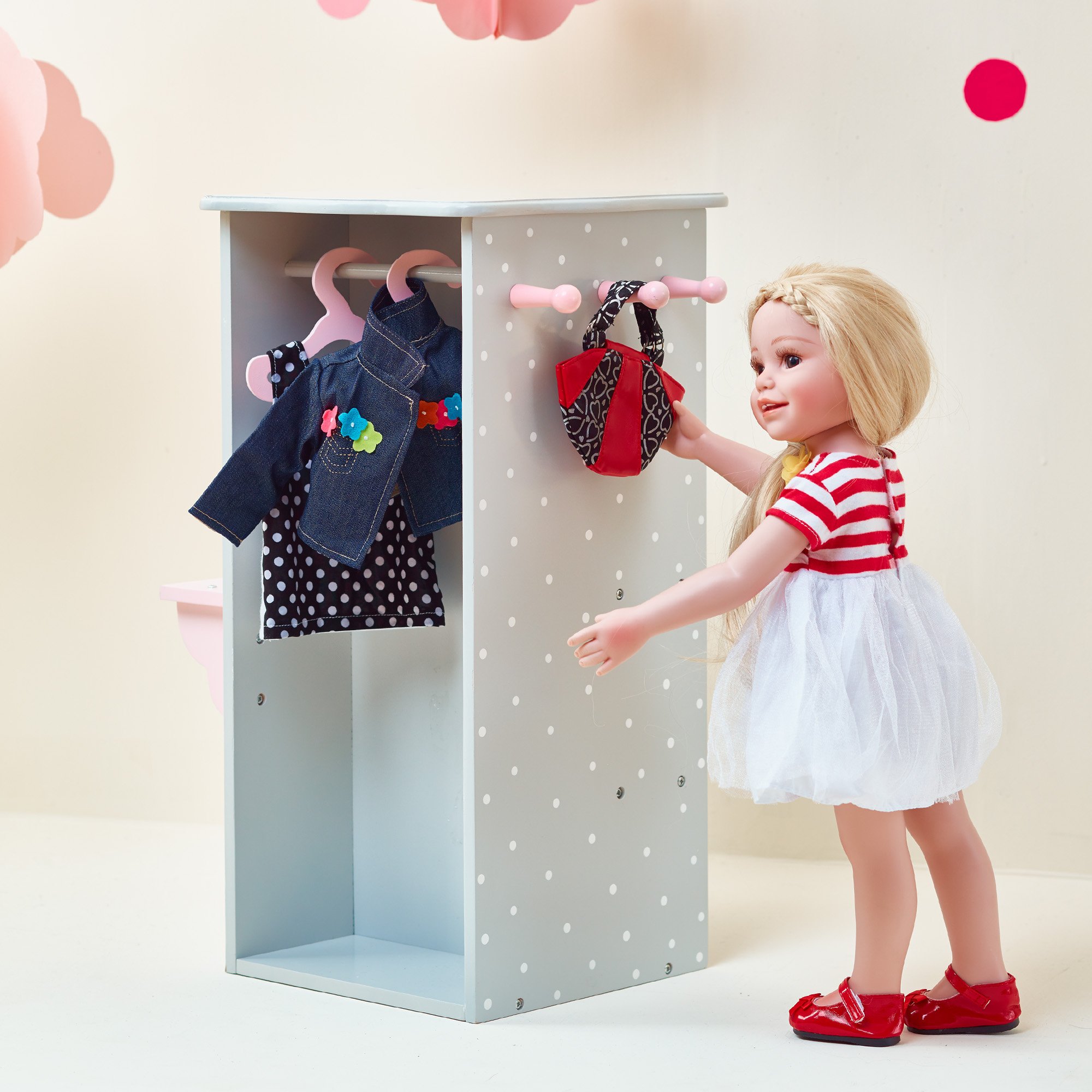 Olivia's Little World - Polka Dots Princess 18" Doll Dresser with 3 Hangers - Grey