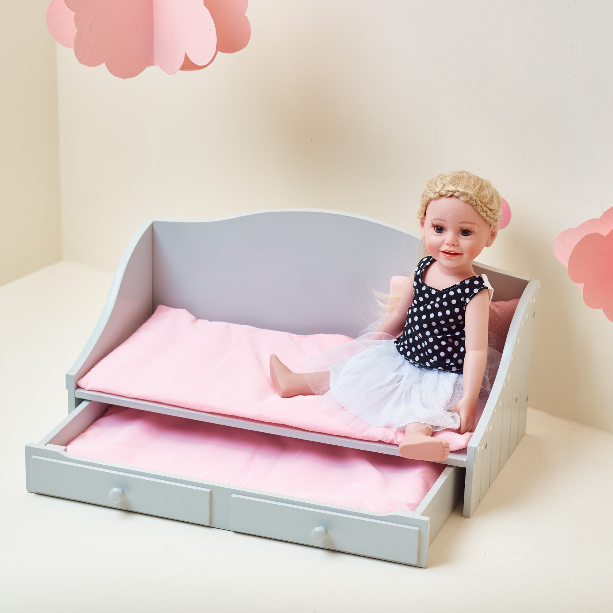 Olivia's Little World - Polka Dots Princess 18" Doll Trundle Bed - Grey