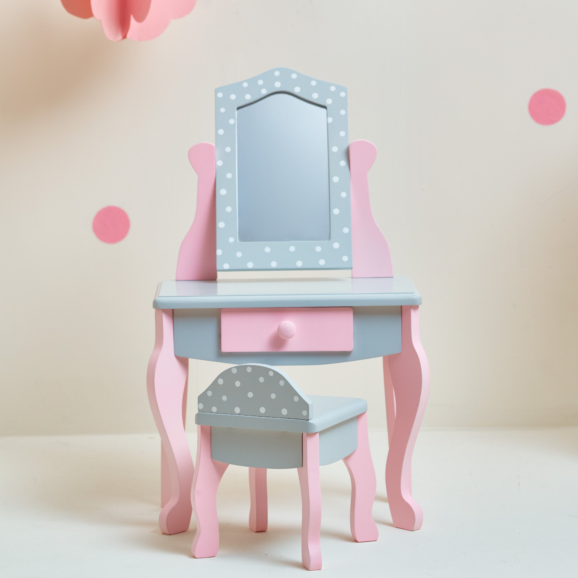 Olivia's Little World - Polka Dots Princess 18" Doll Vanity Table & Stool Set - Grey