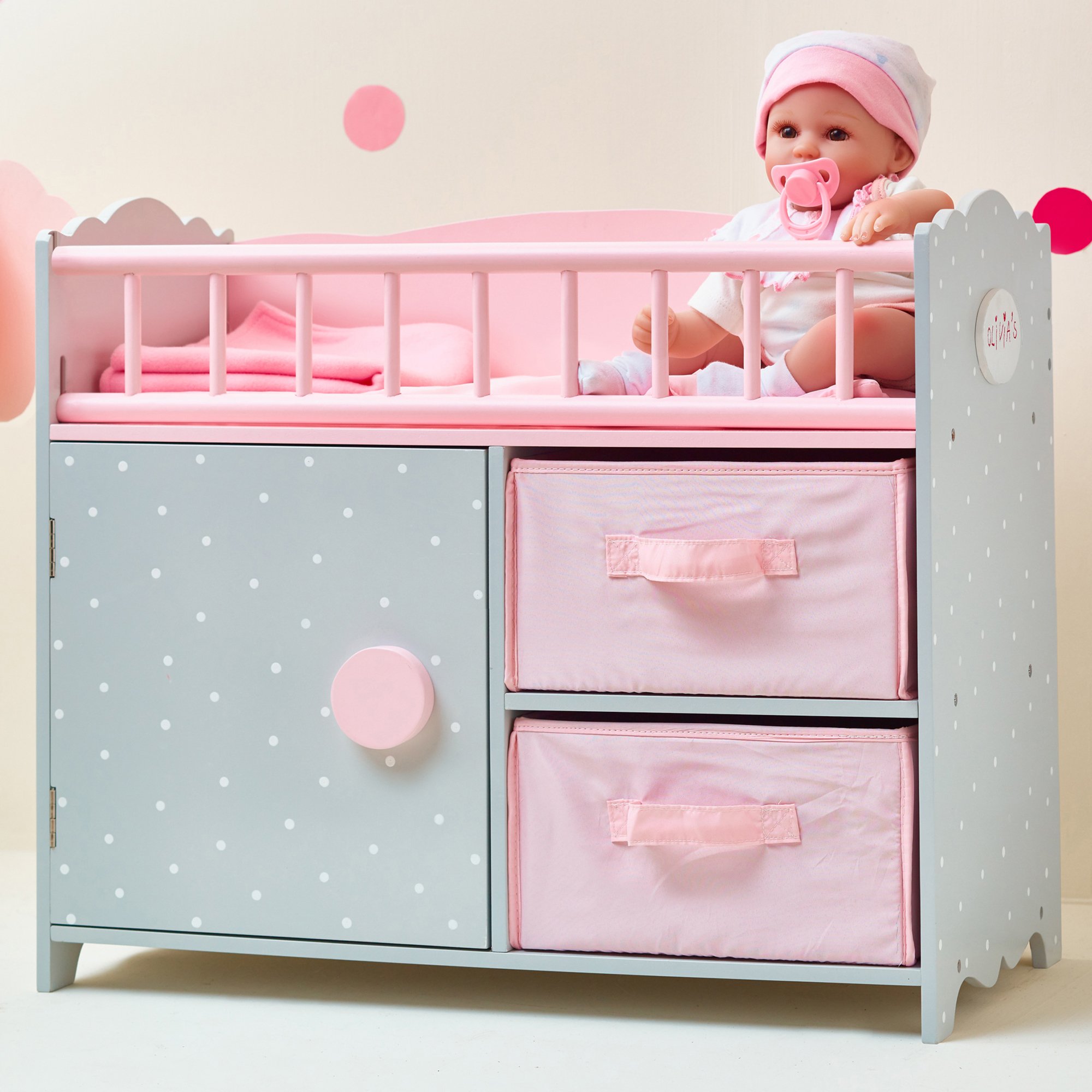 Olivia's Little World - Polka Dots Princess Baby Doll Crib with Cabinet and Cubby