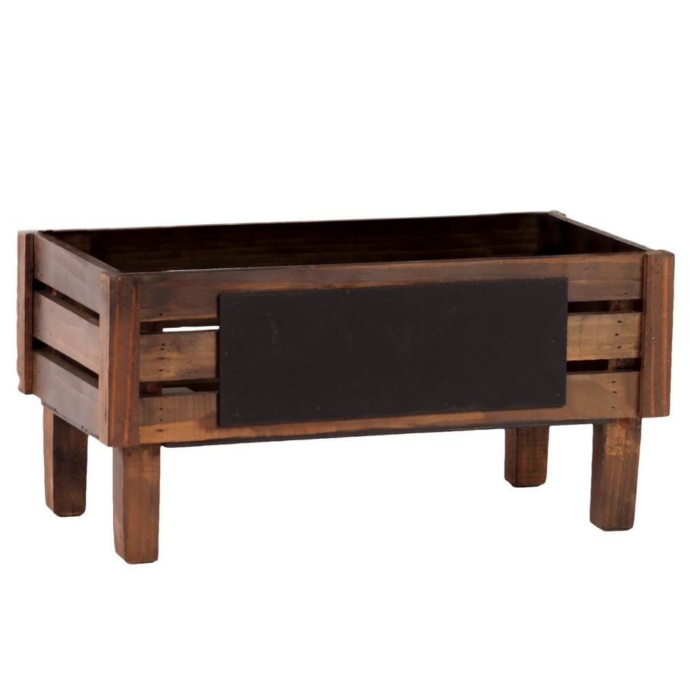 Wooden Crate with Black Rectangular Label Small Stained Wood Finish
